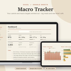 Macro Tracker Excel & Google Sheets, Calorie Counter + Food Log, TDEE + Macro Calculator, Protein Tracker, Food Database | Neutral Cream