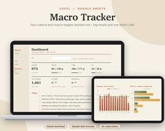 Macro Tracker Excel & Google Sheets, Calorie Counter + Food Log, TDEE + Macro Calculator, Protein Tracker, Food Database | Neutral Cream