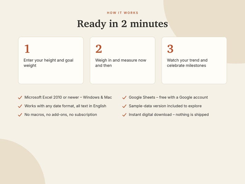 Weight Loss Tracker Excel & Google Sheets, Body Measurement Tracker, BMI + Body Fat Calculator, Goal Weight Progress Chart | Neutral Cream image 9