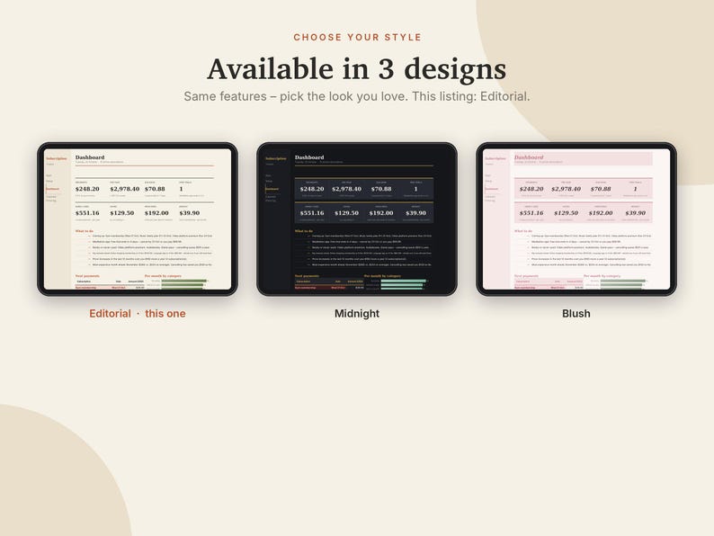 K&ouml;nnte beinhalten: Drei digitale Tablet-Bildschirme zeigen eine Finanz-Dashboard-Oberfl&auml;che in drei Farbthemen: Editorial mit cremefarbenem Hintergrund, Midnight mit schwarzem Hintergrund und Blush mit hellrosa Hintergrund. Der Text enth&auml;lt CHOOSE YOUR STYLE.
