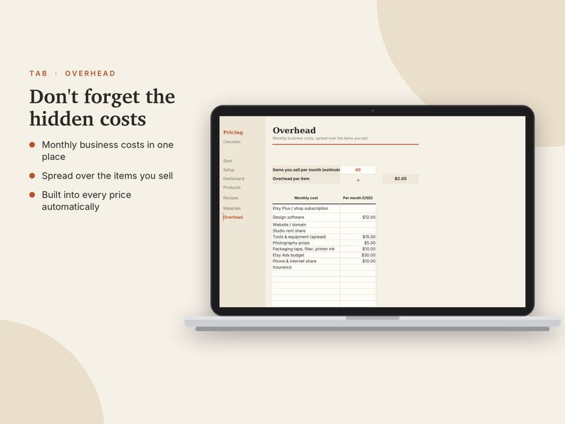 Calcolatore prezzi Excel e Fogli Google, Prezzi dei prodotti per venditori Etsy, Foglio di calcolo per il calcolo di costi e profitti per prodotti fatti a mano / Crema neutra immagine 7