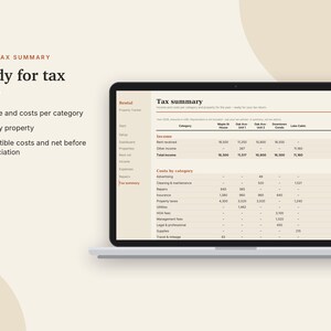 Rastreador de propiedades de alquiler en Excel y Google Sheets, hoja de cálculo para propietarios, lista de alquileres, ingresos y gastos de alquiler, resumen de impuestos / Neutral Cream imagen 7