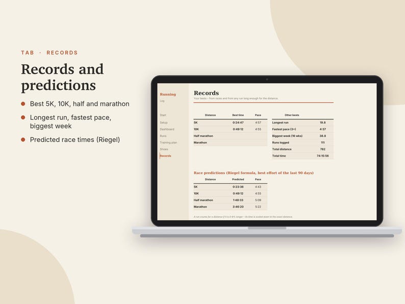Lauftagebuch (Excel & Google Sheets), Lauftracker + Halbmarathon-Trainingsplan, Temporechner, Wettkampfprognose, Schuhprotokoll | Neutral Cream Bild 7