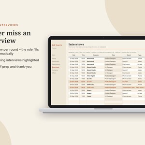 May include: A laptop screen displaying a digital job search interview tracker interface. The screen shows a table with columns for date, time, company, role, round, type, and interviewer, with text reading Never miss an interview.