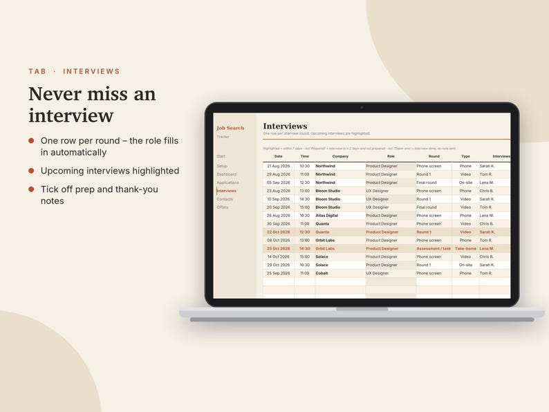 May include: A laptop screen displaying a digital job search interview tracker interface. The screen shows a table with columns for date, time, company, role, round, type, and interviewer, with text reading Never miss an interview.