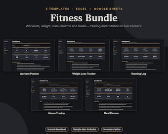 Fitness Spreadsheet Bundle Excel & Google Sheets, Workout Planner, Weight Loss Tracker, Running Log, Macro + Meal Planner | Dark Mode