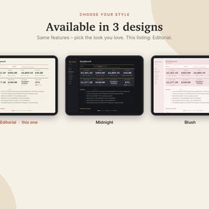 May include: Three digital tablet screens displaying a dashboard interface in three colour themes: Editorial with a cream background, Midnight with a black background, and Blush with a light pink background. Text includes CHOOSE YOUR STYLE.