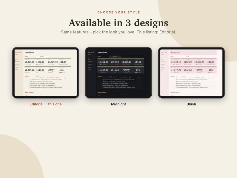 May include: Three digital tablet screens displaying a dashboard interface in three colour themes: Editorial with a cream background, Midnight with a black background, and Blush with a light pink background. Text includes CHOOSE YOUR STYLE.