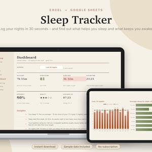 Sleep Tracker Excel & Google Sheets, Sleep Log with Sleep Score, Sleep Quality + Habit Tracker, Wellness Spreadsheet | Neutral Cream