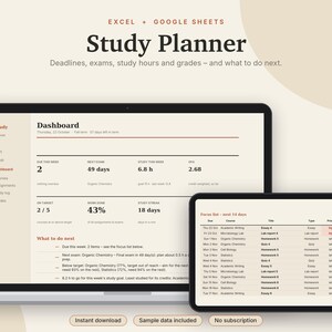 Student Planner Excel & Google Sheets, Assignment Tracker, Grade Calculator + GPA Tracker, Exam + Study Planner, College | Neutral Cream