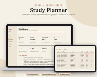 Student Planner Excel & Google Sheets, Assignment Tracker, Grade Calculator + GPA Tracker, Exam + Study Planner, College | Neutral Cream
