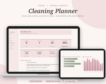 Cleaning Schedule Excel & Google Sheets, Chore Chart with Rotation, Family Chore Tracker, Weekly Cleaning Checklist | Pink Aesthetic