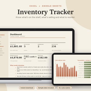 Inventory Tracker Excel & Google Sheets, Small Business Stock Management, Reorder Alerts, Etsy Seller Inventory Spreadsheet | Neutral Cream