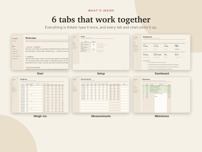 Weight Loss Tracker Excel & Google Sheets, Body Measurement Tracker, BMI + Body Fat Calculator, Goal Weight Progress Chart | Neutral Cream image 4