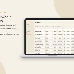 May include: A laptop screen displaying a digital library tracker dashboard. The interface features a table with columns for title, author, genre, format, pages, status, and dates. Text on the left lists features like TBR, reading, finished, and DNF.