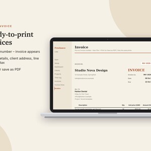 K&ouml;nnte beinhalten: Ein Laptop-Bildschirm zeigt eine digitale Rechnungsvorlage mit dem Text Ready-to-print invoices, Studio Nova Design und Harbor Dental. Die Benutzeroberfl&auml;che verf&uuml;gt &uuml;ber eine Seitenleiste mit Navigationsoptionen und ein klares Layout.