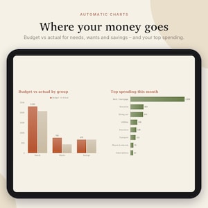 Budgetplanner voor Excel en Google Sheets, maandelijkse budgetspreadsheet, 50/30/20-budget, factuurtracker, sjabloon voor spaardoelen | Neutrale crèmekleur afbeelding 3