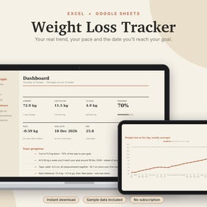 Weight Loss Tracker Excel & Google Sheets, Body Measurement Tracker, BMI + Body Fat Calculator, Goal Weight Progress Chart | Neutral Cream image 1