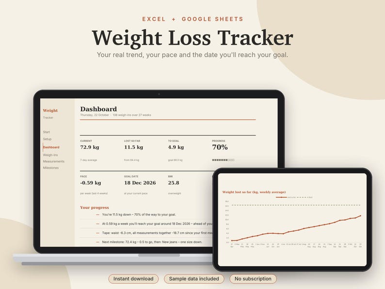 Weight Loss Tracker Excel & Google Sheets, Body Measurement Tracker, BMI + Body Fat Calculator, Goal Weight Progress Chart | Neutral Cream image 1