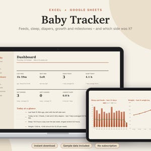 Baby Tracker Excel & Google Sheets, Newborn Feeding Log, Breastfeeding + Sleep Tracker, Diaper Log, Baby Growth | Neutral Cream image 1