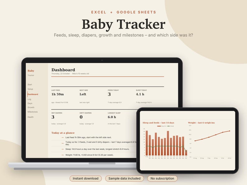 Baby Tracker Excel & Google Sheets, Newborn Feeding Log, Breastfeeding + Sleep Tracker, Diaper Log, Baby Growth | Neutral Cream image 1