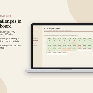 May include: A laptop screen displaying a digital savings challenge board with a grid of numerical values, checkmarks, and highlighted cells. Text on the left reads: 8 challenges in one board, 52-week, reverse, 100 envelopes, 365-day, or your own goal.