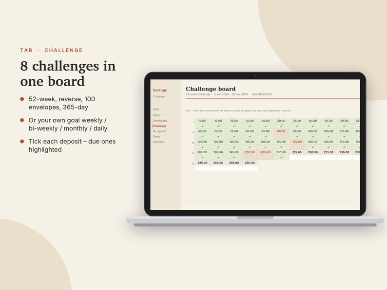 May include: A laptop screen displaying a digital savings challenge board with a grid of numerical values, checkmarks, and highlighted cells. Text on the left reads: 8 challenges in one board, 52-week, reverse, 100 envelopes, 365-day, or your own goal.