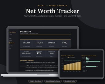 Net Worth Tracker Excel & Google Sheets, FIRE Calculator, Assets + Debt Tracker, Wealth Tracker, Financial Independence | Dark Mode