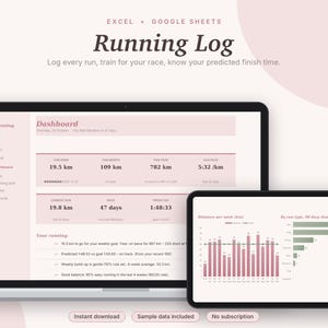 Running Log Excel & Google Sheets, Run Tracker + Half Marathon Training Plan, Pace Calculator, Race Predictor, Shoe Log | Pink Aesthetic
