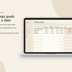 Budgetplanner voor Excel en Google Sheets, maandelijkse budgetspreadsheet, 50/30/20-budget, factuurtracker, sjabloon voor spaardoelen | Neutrale crèmekleur afbeelding 7