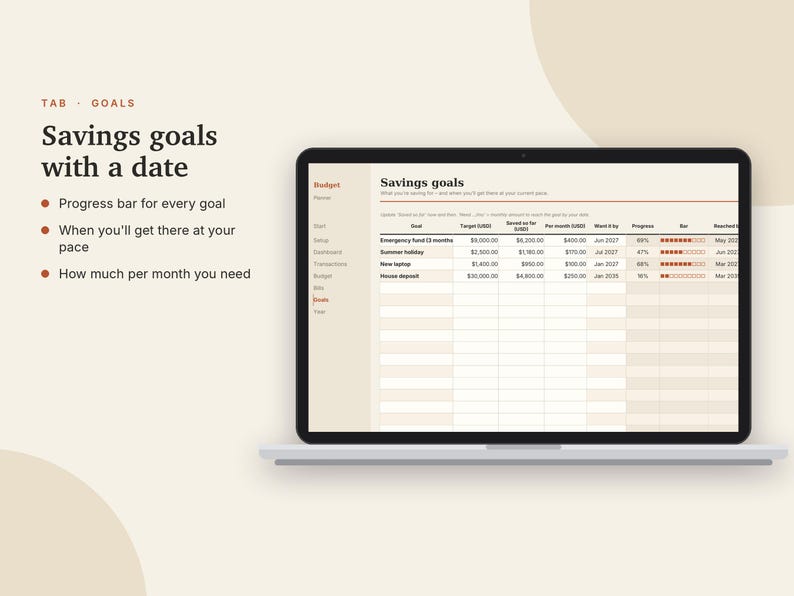 Budgetplanner voor Excel en Google Sheets, maandelijkse budgetspreadsheet, 50/30/20-budget, factuurtracker, sjabloon voor spaardoelen | Neutrale crèmekleur afbeelding 7