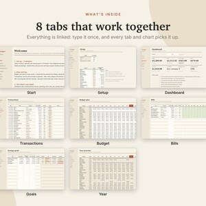 Budgetplanner voor Excel en Google Sheets, maandelijkse budgetspreadsheet, 50/30/20-budget, factuurtracker, sjabloon voor spaardoelen | Neutrale crèmekleur afbeelding 4