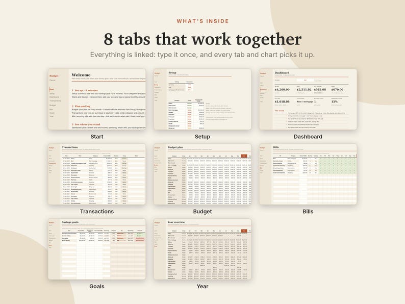 Budgetplanner voor Excel en Google Sheets, maandelijkse budgetspreadsheet, 50/30/20-budget, factuurtracker, sjabloon voor spaardoelen | Neutrale crèmekleur afbeelding 4