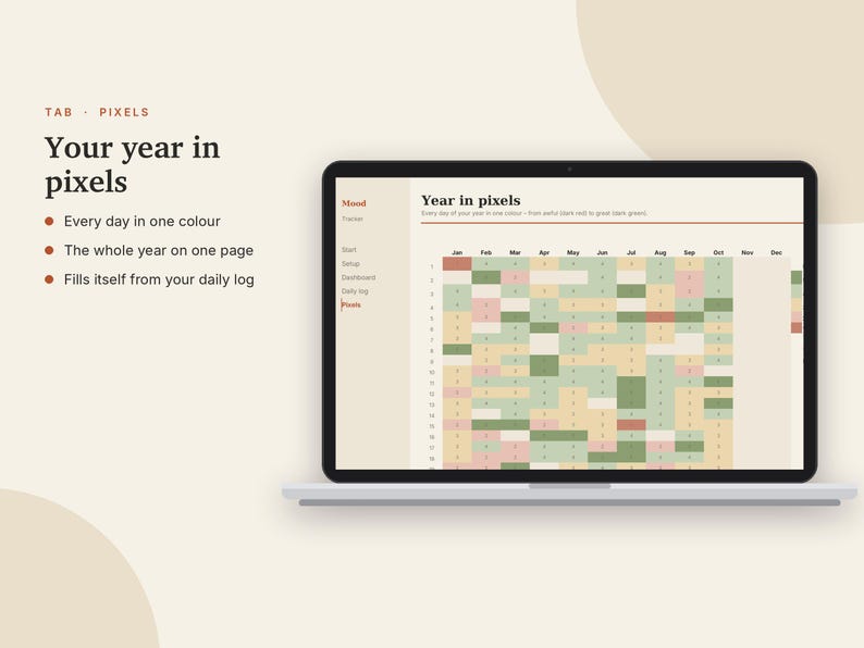 Mood Tracker Excel & Google Sheets, Year in Pixels, Mental Health Journal, Daily Mood + Anxiety Log, Self Care Tracker | Neutral Cream image 5