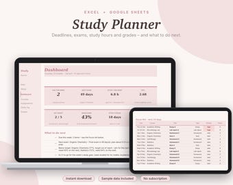 Studienplaner (Excel & Google Sheets), Aufgabenverwaltung, Notenrechner + GPA-Tracker, Prüfungs- + Lernplaner, Hochschule | Pinkes Design