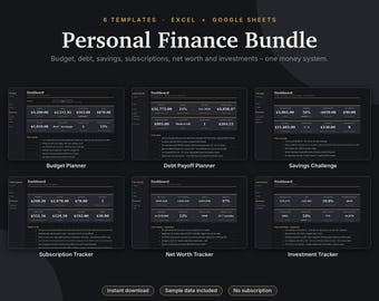 Personal Finance Spreadsheet Bundle Excel & Google Sheets, Budget Planner, Debt Payoff, Savings, Net Worth, Investments | Dark Mode