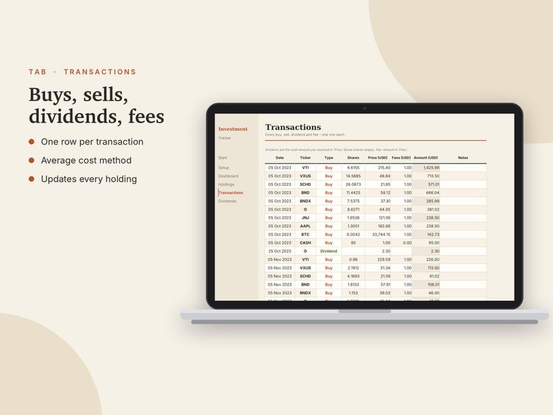 Investment Tracker Excel & Google Sheets, Dividend Tracker, Stock Portfolio Tracker, ETF + Asset Allocation, Rebalancing | Neutral Cream image 6