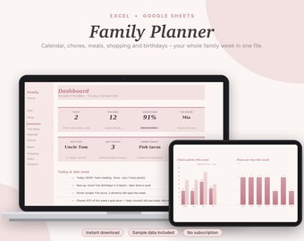 Family Planner Excel & Google Sheets, Weekly Family Calendar, Chore Chart with Rewards, Meal Planner, Family Organizer | Pink Aesthetic