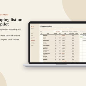 Matplanerare i Excel och Google Sheets, veckovis matplan med automatisk inköpslista, receptbok, skafferi + matbudgetuppföljare | Neutral Cream bild 6