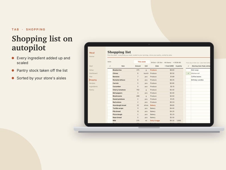Matplanerare i Excel och Google Sheets, veckovis matplan med automatisk inköpslista, receptbok, skafferi + matbudgetuppföljare | Neutral Cream bild 6