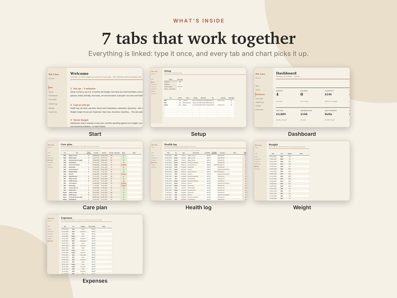 Pet Care Planner Excel & Google Sheets, Dog + Cat Health Record, Vaccination Tracker, Vet Log, Pet Expense Tracker | Neutral Cream image 4