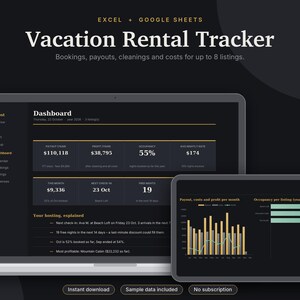 May include: A digital vacation rental tracker for Excel and Google Sheets displayed on a laptop and tablet screen. The dark-themed dashboard shows financial metrics, occupancy rates, and booking data for up to 8 listings with charts.