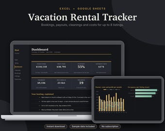 Ferienwohnungs-Tracker (Excel & Google Sheets) für Airbnb- und Vrbo-Gastgeber: Buchungskalender, Auslastung und Gewinn | Dunkelmodus