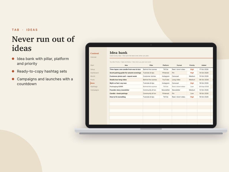 Content-Kalender (Excel & Google Sheets), Social-Media-Planer, Instagram- und TikTok-Post-Planer, Content-Tracker-Tabelle | Neutral Cream Bild 7