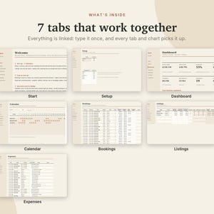 以下が含まれることがあります： Welcome、Setup、Dashboard、Calendar、Bookings、Listings、Expensesという7つのタブが連動するデジタルスプレッドシートテンプレート。インターフェースはクリーム色とダークブラウンの配色で構成されています。