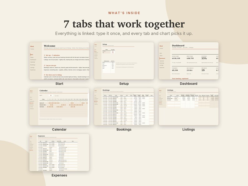以下が含まれることがあります： Welcome、Setup、Dashboard、Calendar、Bookings、Listings、Expensesという7つのタブが連動するデジタルスプレッドシートテンプレート。インターフェースはクリーム色とダークブラウンの配色で構成されています。