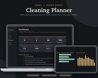 Cleaning Schedule Excel & Google Sheets, Chore Chart with Rotation, Family Chore Tracker, Weekly Cleaning Checklist | Dark Mode