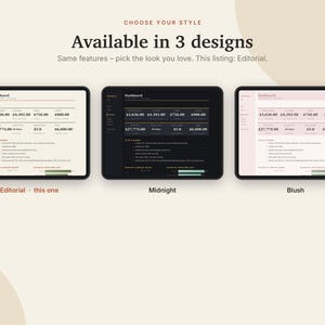 K&ouml;nnte beinhalten: Drei digitale Tablet-Bildschirme zeigen eine Finanz-Dashboard-Oberfl&auml;che in drei Farbthemen: Editorial mit cremefarbenem Hintergrund, Midnight mit schwarzem Hintergrund und Blush mit hellrosa Hintergrund, wobei alle dieselben Daten anzeigen.