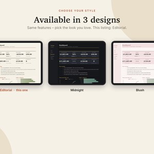 May include: Three tablets displaying a digital dashboard interface in three colour themes: Editorial with a cream background, Midnight with a dark grey background, and Blush with a light pink background. Text includes CHOOSE YOUR STYLE.