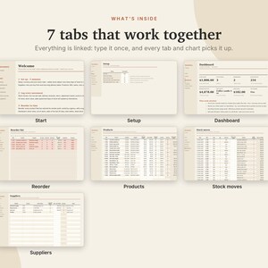 May include: A digital spreadsheet interface featuring seven distinct tabs labeled Welcome, Setup, Dashboard, Reorder, Products, Stock moves, and Suppliers. The text reads: WHAT'S INSIDE 7 tabs that work together. Everything is linked: type it once.